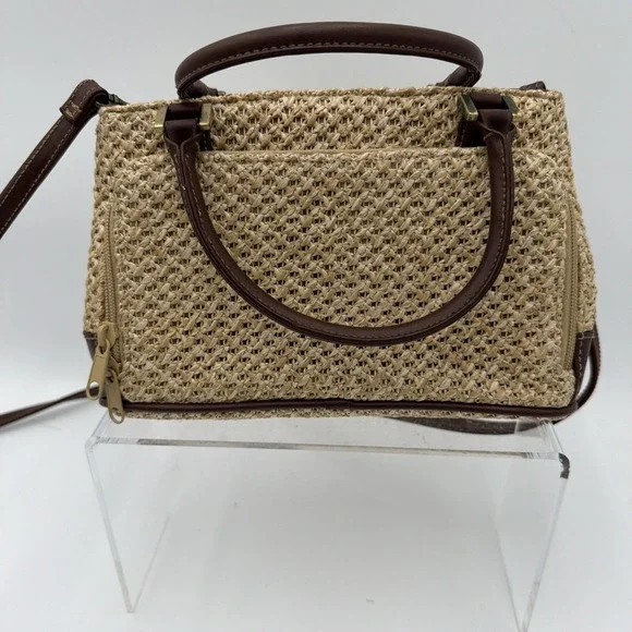 Rosetti straw tote handbag with brown faux leather trim and top handles. - Picture 6 of 16